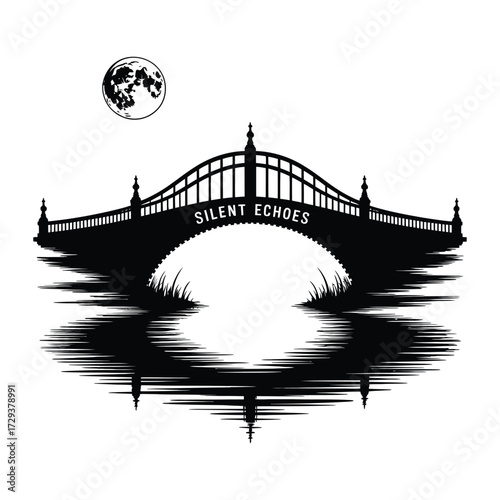 Silhouette Serenity A Bridge Over Still Waters Under the Watchful Moon Reflecting Silent Echoes