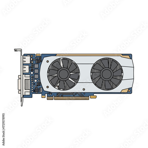 A detailed vector illustration of a modern dual-fan computer graphics card on a white background.