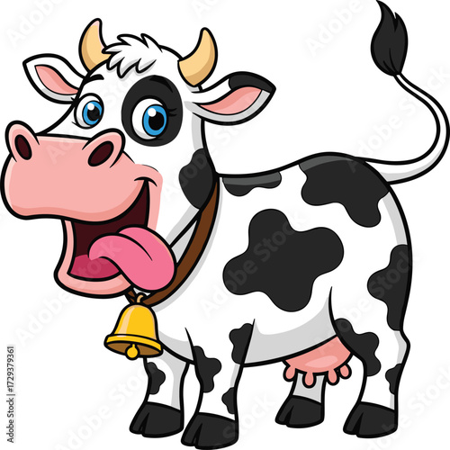 Cartoon cow vector illustration, playful tongue out pose, black spots, pink snout, golden bell, white background, kids farm animal