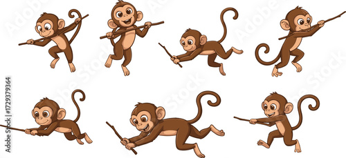 Cartoon monkey illustration, playful animal poses, jungle character, stick interaction, wildlife vector, nature theme, digital art, stock image, expressive movement, fun behavior