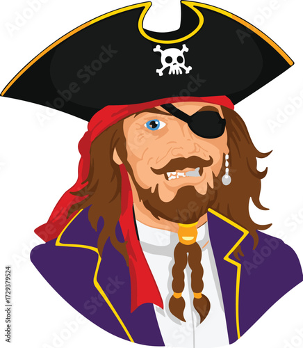 Cartoon pirate vector, black hat, skull emblem, eye patch, red bandana, braided beard, adventure character, white background, fun illustration