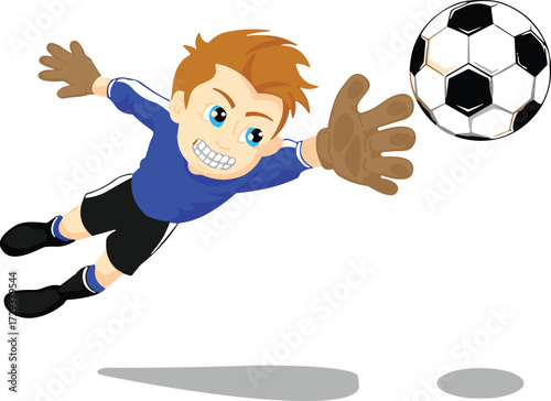 Cartoon soccer goalkeeper vector, diving save, blue jersey, gloves, ball in air, sports action, children clipart, white background, illustration