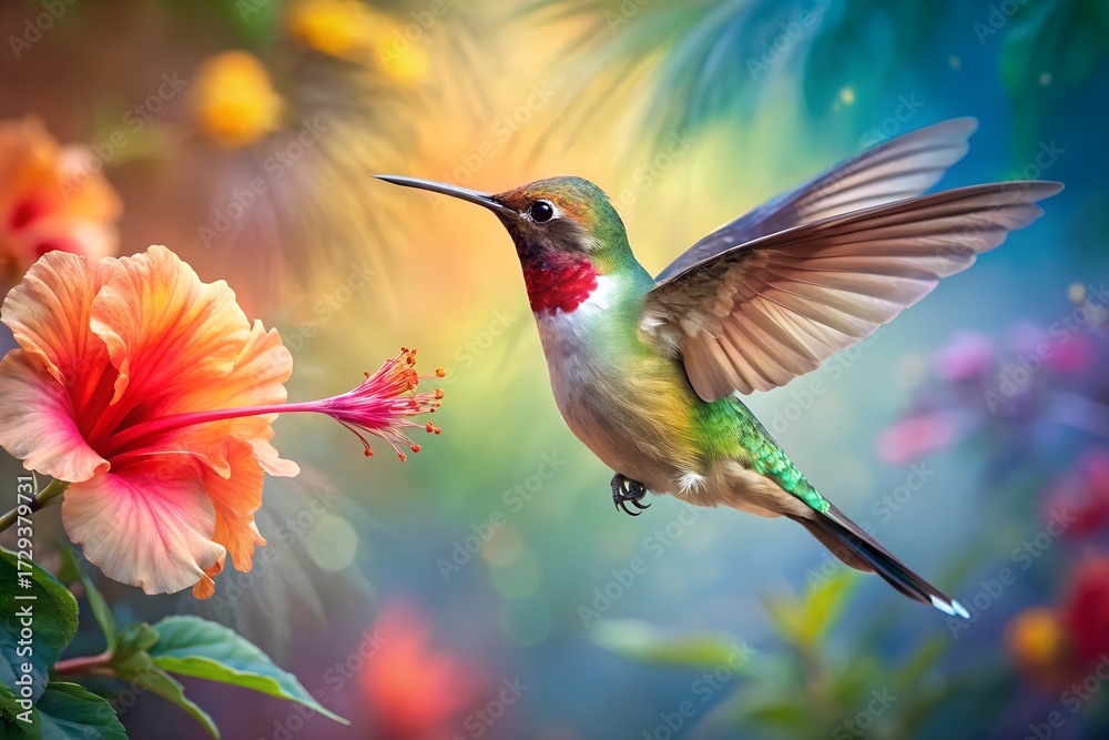 Obraz premium A hummingbird flying near a hibiscus flower with a colorful background
