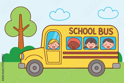 Vector art of a cheerful yellow school bus with diverse children inside, driving through a green landscape with a tree and clouds