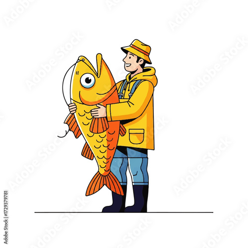 A cheerful fisherman in a bright yellow raincoat proudly displays his impressive, giant orange fish, symbolizing a successful and rewarding day out at sea or by the lake