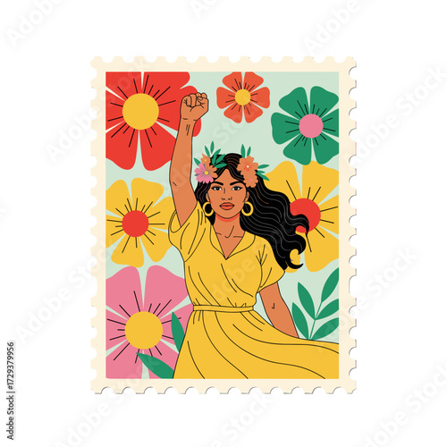 hispanic woman art, latina empowerment, powerful woman, feminist symbol, woman raising fist, retro poster woman, latina pride, latina culture, vintage stamp art, latin american woman, floral empowerme