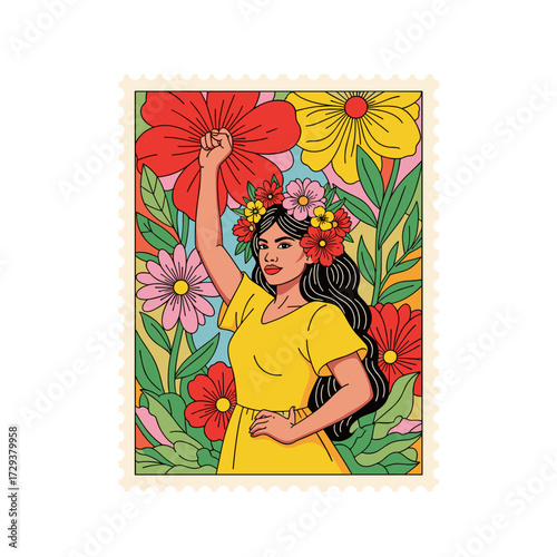 hispanic woman art, latina empowerment, powerful woman, feminist symbol, woman raising fist, retro poster woman, latina pride, latina culture, vintage stamp art, latin american woman, floral empowerme