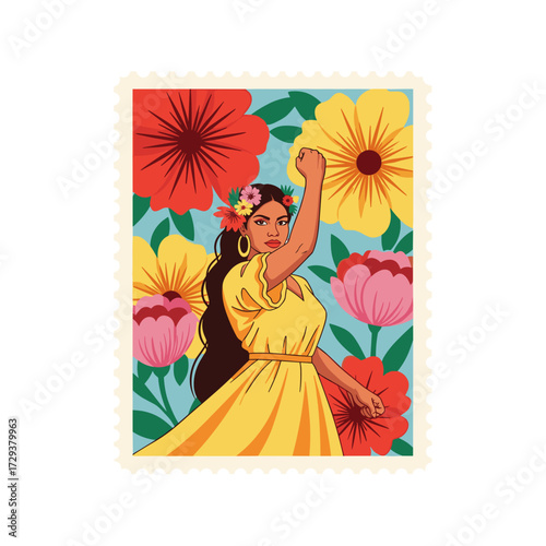 hispanic woman art, latina empowerment, powerful woman, feminist symbol, woman raising fist, retro poster woman, latina pride, latina culture, vintage stamp art, latin american woman, floral empowerme