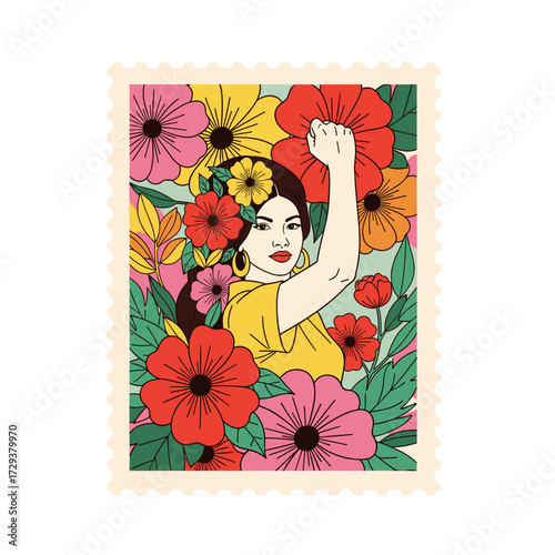 hispanic woman art, latina empowerment, powerful woman, feminist symbol, woman raising fist, retro poster woman, latina pride, latina culture, vintage stamp art, latin american woman, floral empowerme