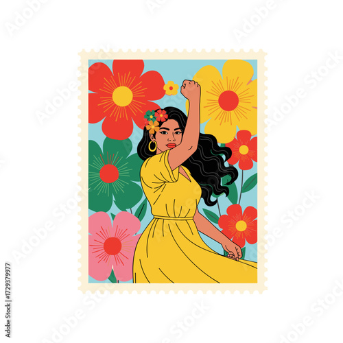 hispanic woman art, latina empowerment, powerful woman, feminist symbol, woman raising fist, retro poster woman, latina pride, latina culture, vintage stamp art, latin american woman, floral empowerme