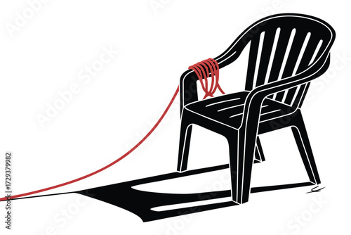  black plastic chair, red string or cord tied to chair, minimalist, bright white background, 3d render, cinematic lighting
