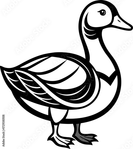 Pekin duck, vector line art icon, black and white, white background