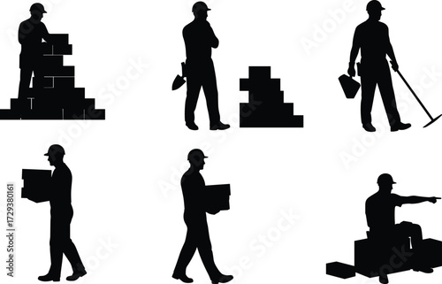 Collection of various poses of a construction worker, from carrying boxes to working with tools, a versatile silhouette set for labor and industry