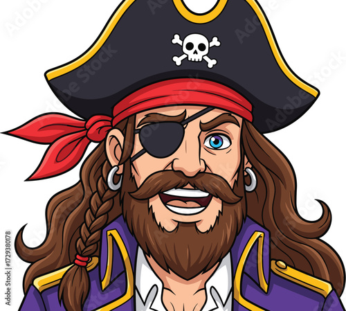 Cartoon pirate character vector, black hat with skull, red bandana, beard and eye patch, shouting face, white background, sea adventure
