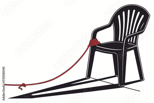 black plastic chair, red string or cord tied to chair, minimalist, bright white background, 3d render, cinematic lighting