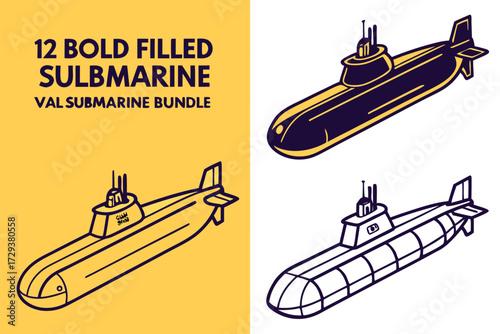 Downloadable submarine vector art bundle featuring bold filled and outlined submarine illustrations for graphic design silhouette