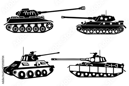 Explore military vehicles armored fighting tanks collection vector illustration black and white design silhouette