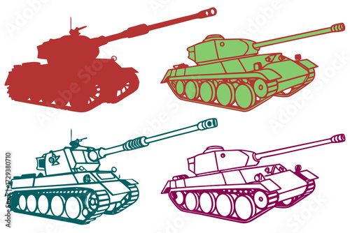 Vintage military tank vector illustration set world war machine army vehicle armored fighting tank design art silhouette