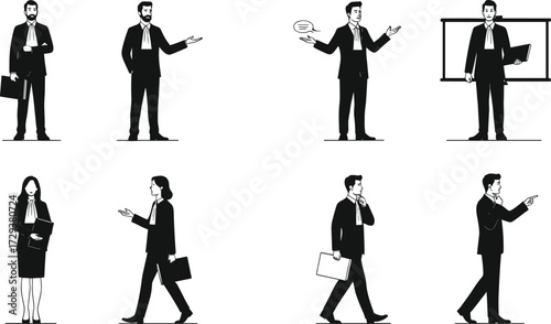 Collection of various poses of male and female lawyers, including a man presenting and a woman walking, a versatile silhouette set for legal themes