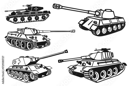 Vintage military tank vector illustration set for army vehicle enthusiasts and war history buffs searching designs silhouette
