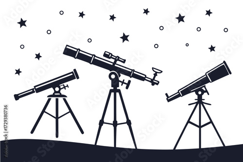 Telescopes for astronomy stargazing and night sky viewing vector illustration science equipment for space observation silhouette