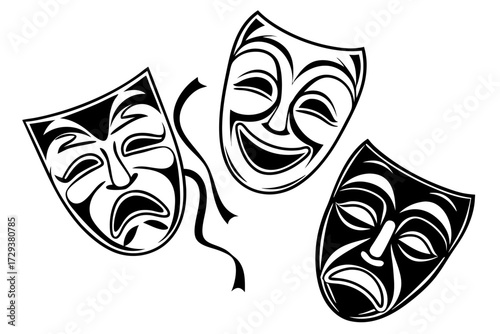 Theater masks vector illustration of comedy and tragedy drama acting performance with happy and sad expressions silhouette