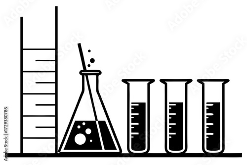 Science lab equipment vector illustration featuring beakers test tubes and measuring cylinder for chemistry research silhouette