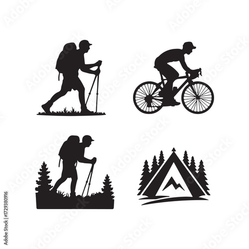 Outdoor adventure silhouettes of hiking and biking isolated on white background