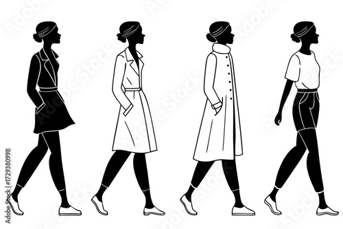 Fashion illustration of women walking in different outfits trendy clothes silhouette style fashion week design