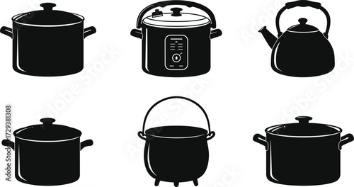 Cooking pot silhouette vector set including kettle, slow cooker, and cauldron for kitchen and cooking concepts illustration