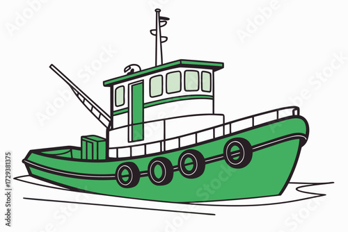 Vector art of green tugboat with a crane and fenders