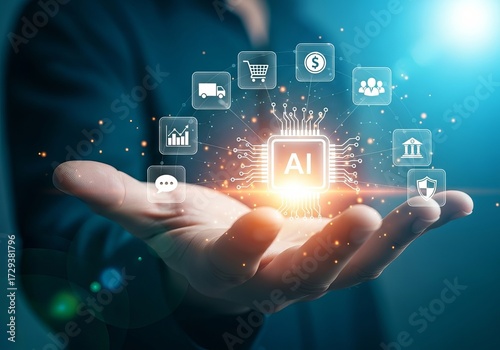 Wallpaper Mural A person holds a glowing AI chip in their hand, surrounded by digital icons representing various industries and applications. Torontodigital.ca