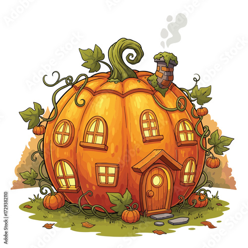 Whimsical pumpkin house with windows and a chimney