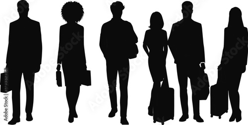Diverse business people silhouette group traveling with luggage, suitcases, and briefcases, representing corporate travel, business trips, and global workforce