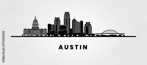 Texas Capital Austin Skyline Vector Featuring Landmark Buildings and Bridge