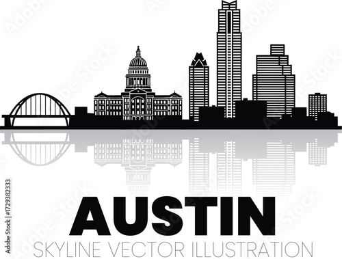 Austin Skyline Vector Silhouette with Texas State Capitol, Frost Bank Tower, and Pennybacker Bridge