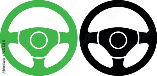 Two contrasting steering wheels, one green and one black, symbolizing choice and direction