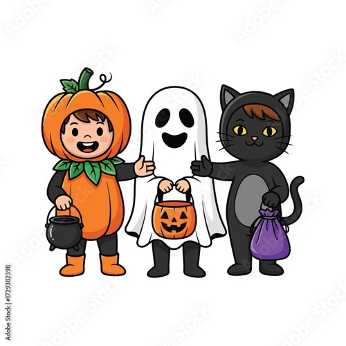 Children in halloween costumes trick or treating isolated on white background