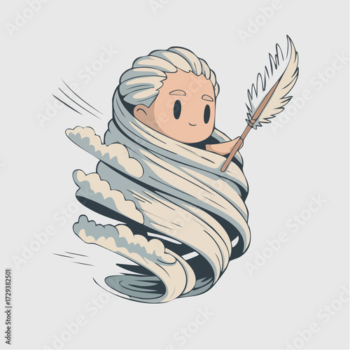 ancient elemental wind spirit cloud ribbons gust staff feathered tails airy sprite whimsical elemental character for meditation apps children's books stickers and seasonal branding materials