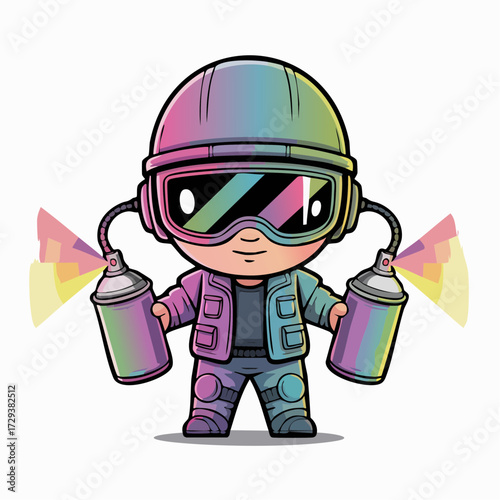 cyberpunk hologram graffiti artist dual light-spray cans rainbow holograms wired visor street tags urban rebel kawaii character for posters stickers social media and digital merchandise 