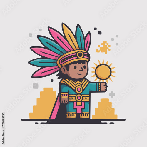  neon aztec sun priest glowing sun disc neon feathers gold circuitry pixel ruins cultural fusion kawaii character for festival graphics educational materials and game assets with respectful styling