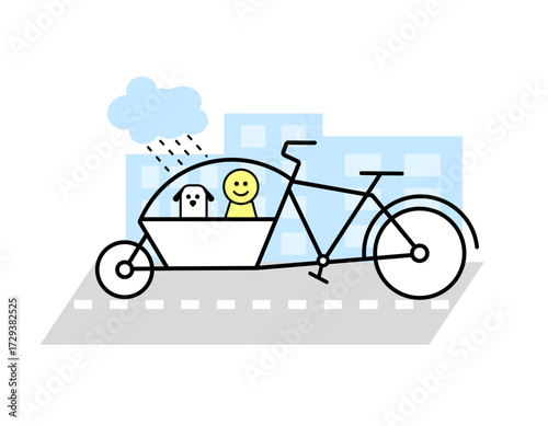 Cargo bicycle with front seat and rain cover with child and a dog passengers. Flat geometric style, icon.
