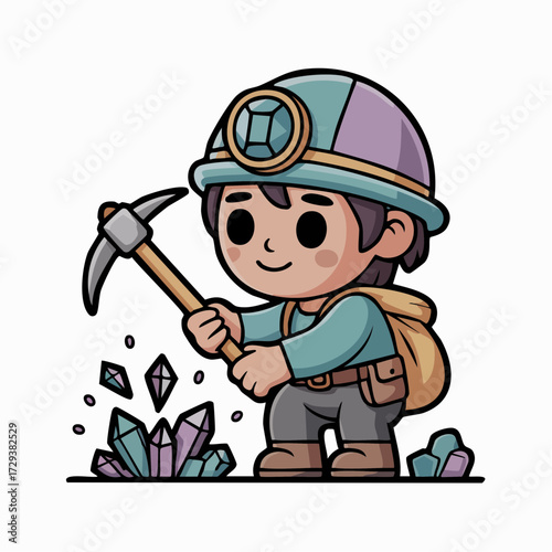 crystal cave geologist lantern pickaxe gem-embedded helmet collecting quartz shards spelunking mascot for museum education stickers adventure branding and editorial illustrations