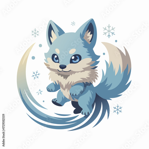 arctic snow-fox shapeshifter fox ears fur-trimmed coat icy tail frost particles winter magic kawaii creature for holiday stickers children's books game assets and seasonal branding
