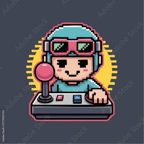 retro arcade mascot pixel-outlined body oversized joystick neon limbs digital smile goggles nostalgic gaming mascot for branding stickers app icons promotional art and esports merch
