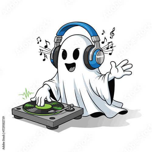 Happy ghost dj wearing headphones and playing music