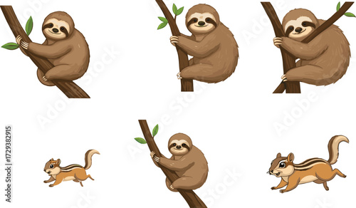 Cute sloth cartoon illustration, chipmunk running drawing, animal character clipart, jungle wildlife art, playful forest animals, nature vector design