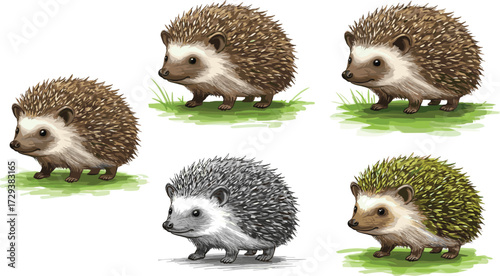 Cute hedgehog character set, colorful spines, cartoon animal illustration, nature theme, isolated on white, grass patch, vector design, variation