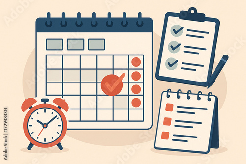 Flat design calendar deadline with clock, checklist and pencil; schedule planner illustration for time management, reminders, appointments and productivity; organized agenda, tasks, dates and events o