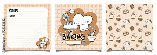 my baking  recipe set of square, cards, blanks, reminder, template, cook book, recipe book, hand drawn elements, creative vector illustration